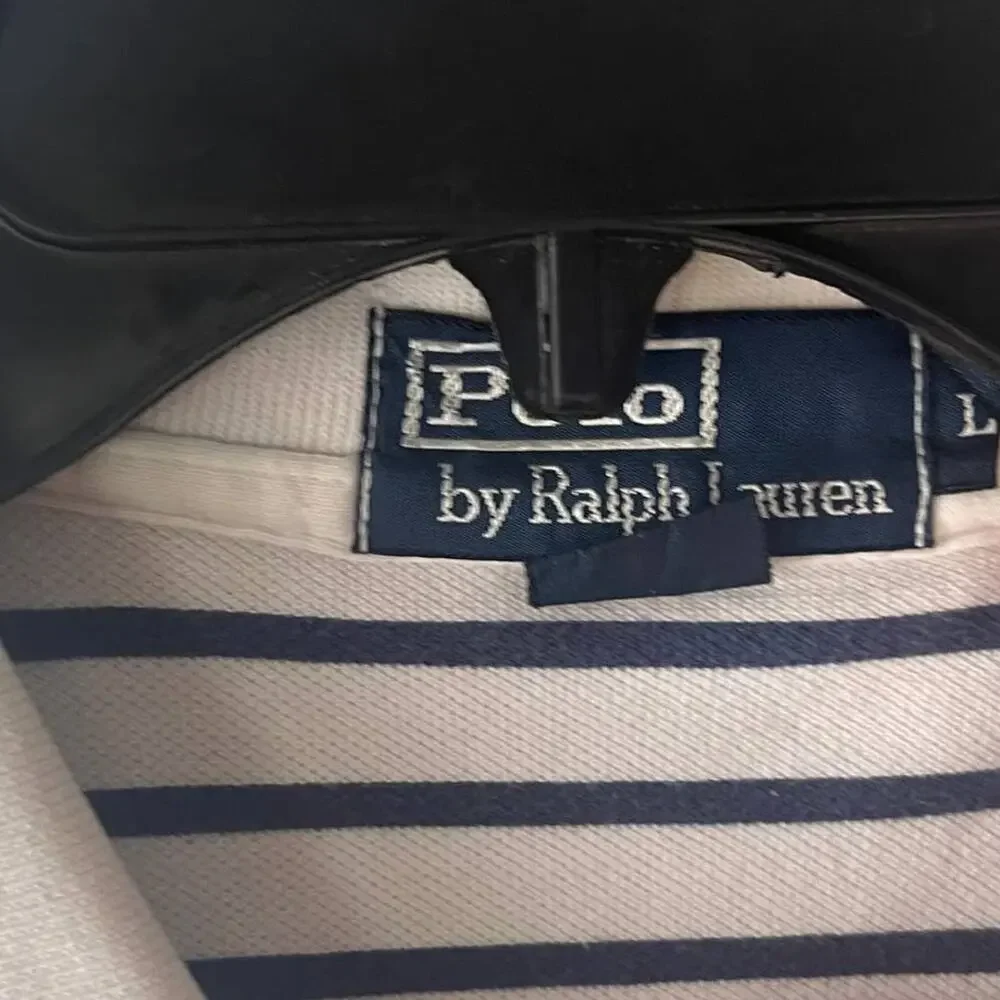 Polo By Ralph Lauren Men's Size Large White Blue Striped Short Sleeve Polo‎